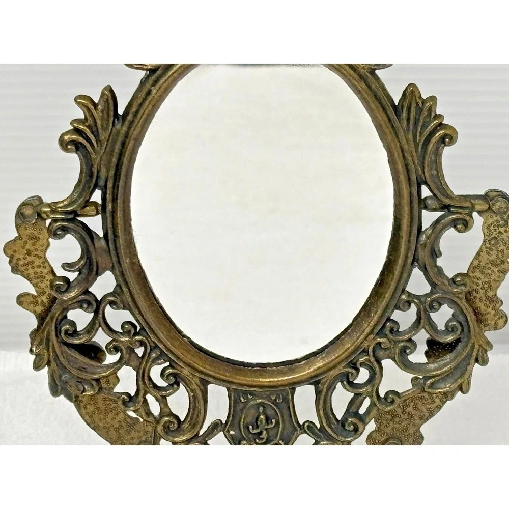 Vtg Ornate Cast Metal Vanity Mirror Tabletop Rococo Victorian Style Brass Finish
